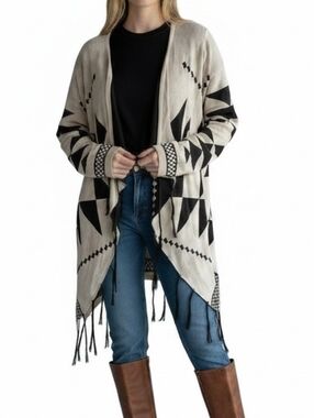 Vtg Y2K Pink Cattlelac Cardigan Sweater Womens M Black Beige Aztec Open Fringe